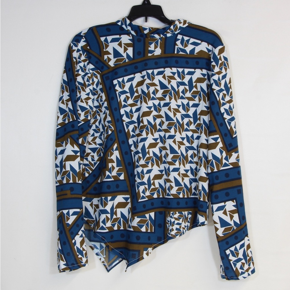 Zara Traufaluc Blue Pink Geometic Scarf Print Long Sleeve V-Neck Blouse - Picture 5 of 5